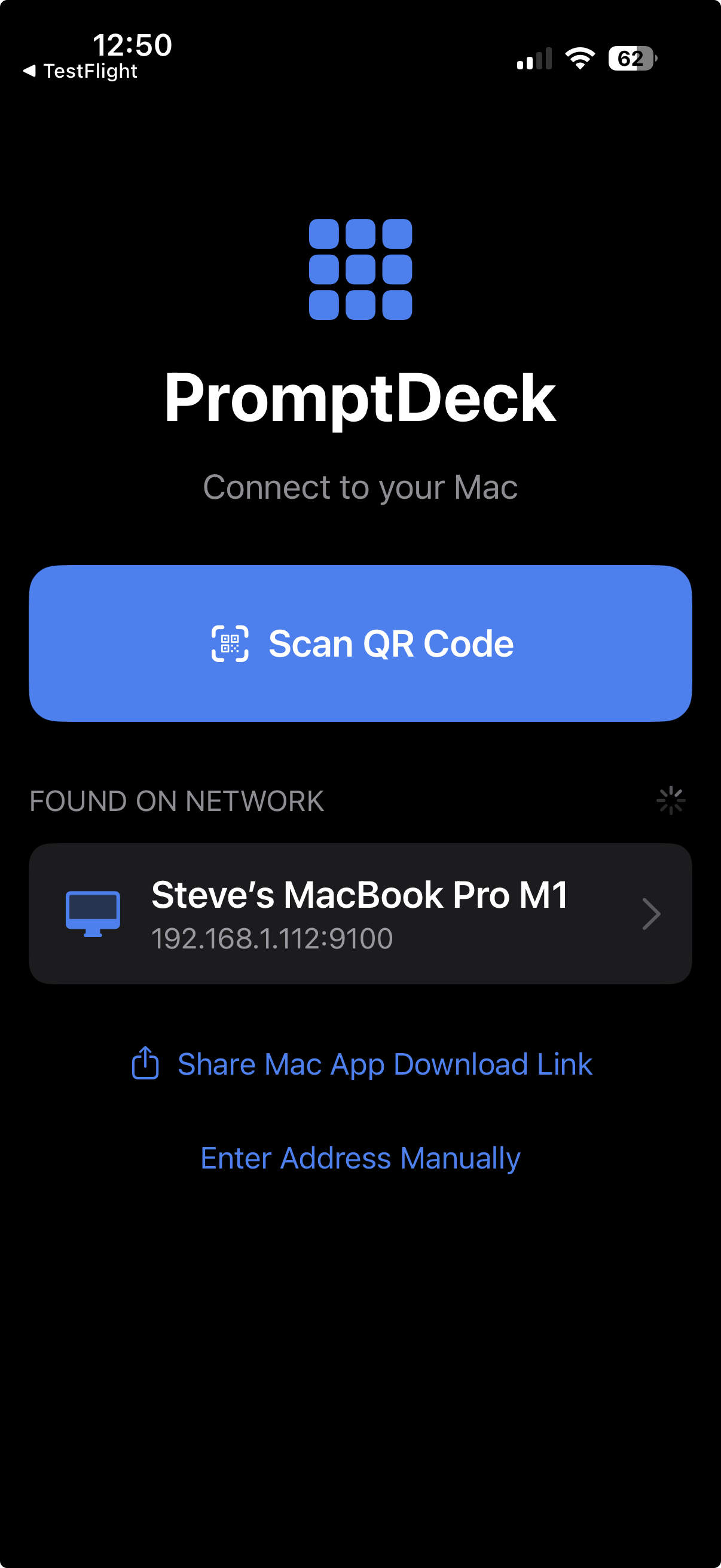 PromptDeck connect screen showing discovered Mac on the network