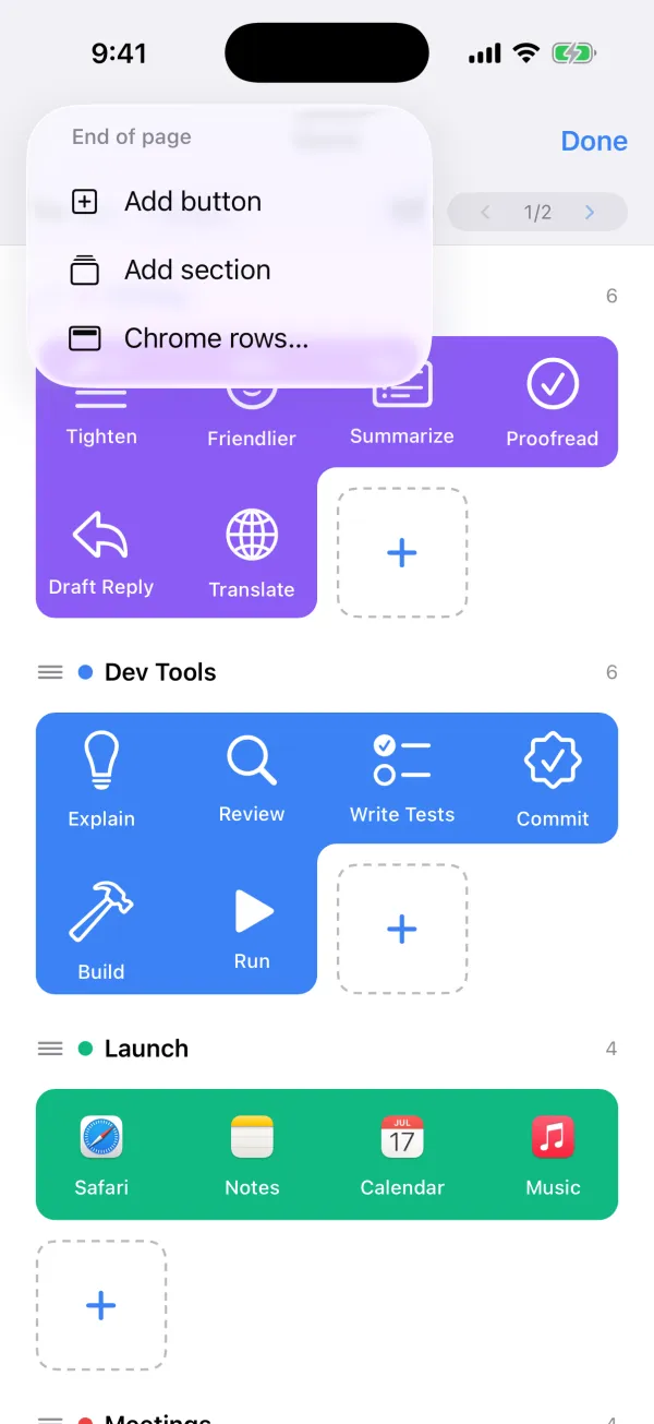 The + menu in edit mode, listing Add button, Add section and Chrome rows over a deck page