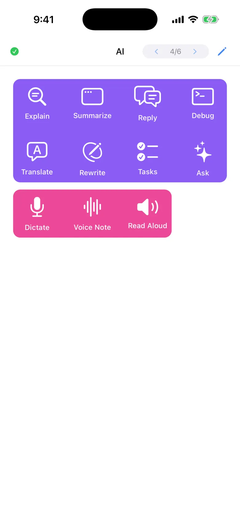 The AI page: Explain, Summarize, Reply, Debug, Translate, Rewrite, Tasks and Ask in violet, and Dictate, Voice Note and Read Aloud in pink.
