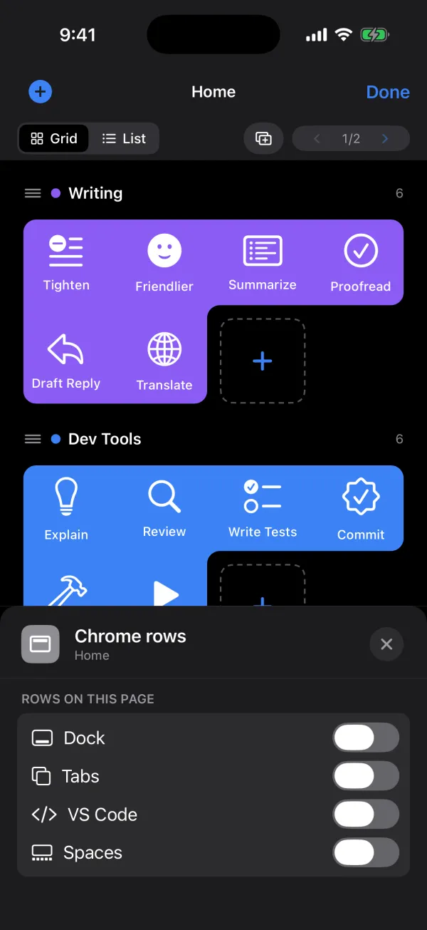 The Chrome rows panel listing Dock, Tabs, VS Code and Spaces, each with a switch