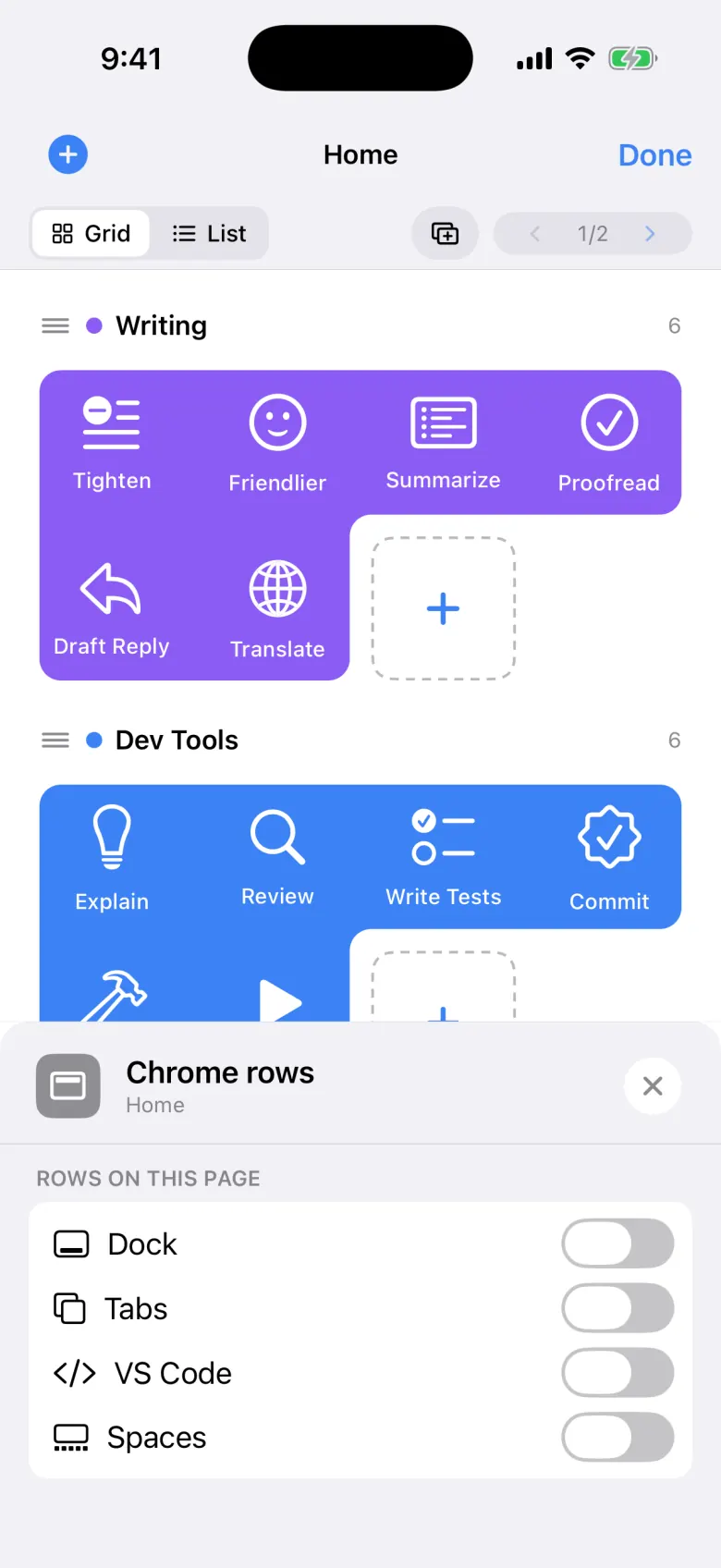 Edit mode on the Home page with the Chrome rows panel open: switches for Dock, Tabs, VS Code and Spaces, ready to turn on for this page.