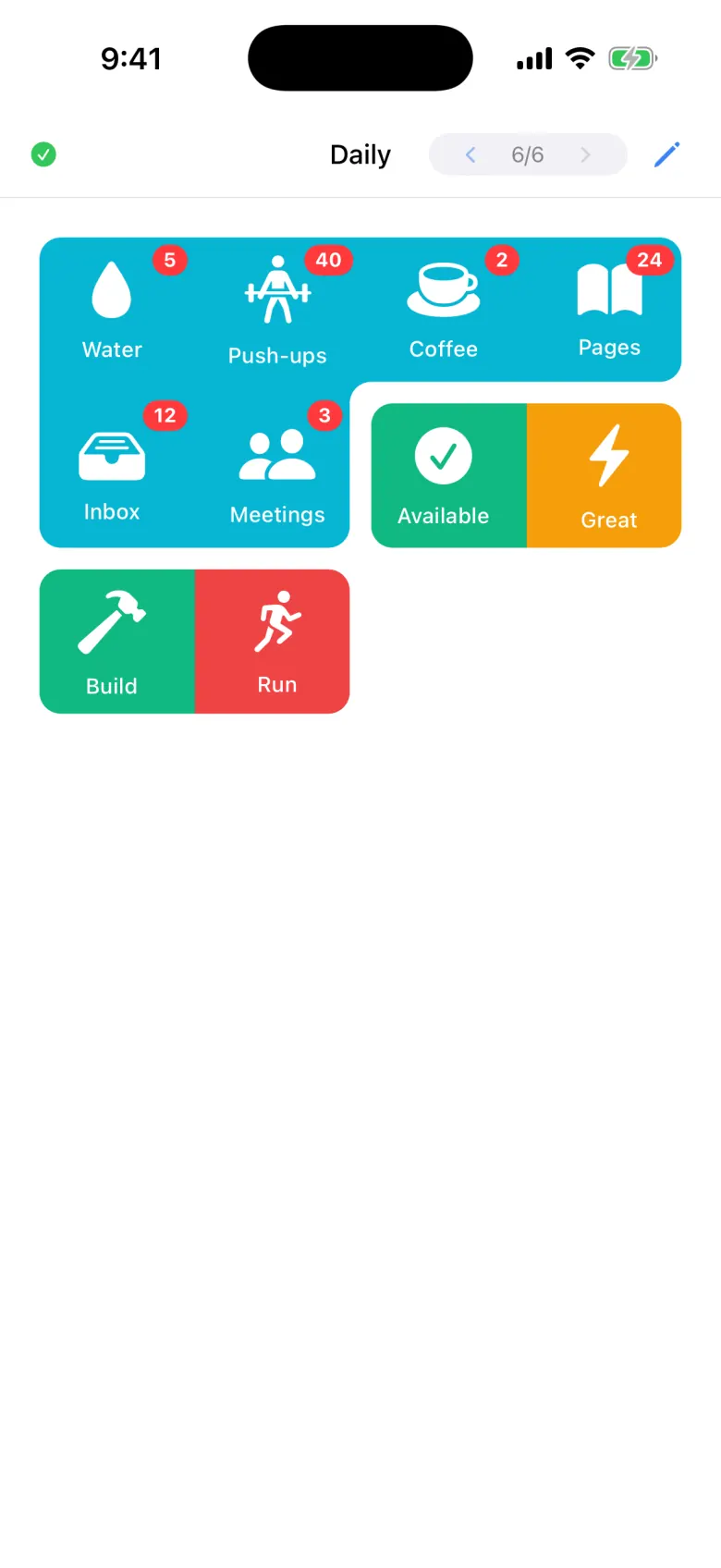 The Daily page: counters with red badges for Water 5, Push-ups 40, Coffee 2, Pages 24, Inbox 12 and Meetings 3, and status cycles showing Available, Great, Build and Run.