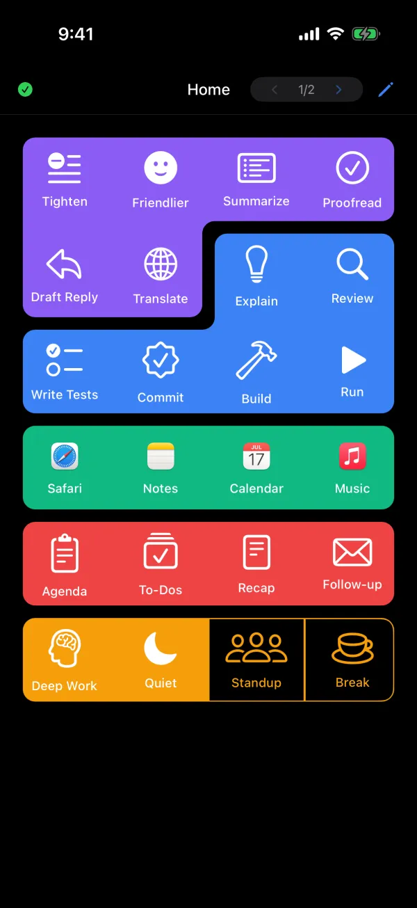 PromptDeck on iPhone showing a deck of colorful button groups for writing, dev tools, launching apps and meetings, with a page switcher at the top