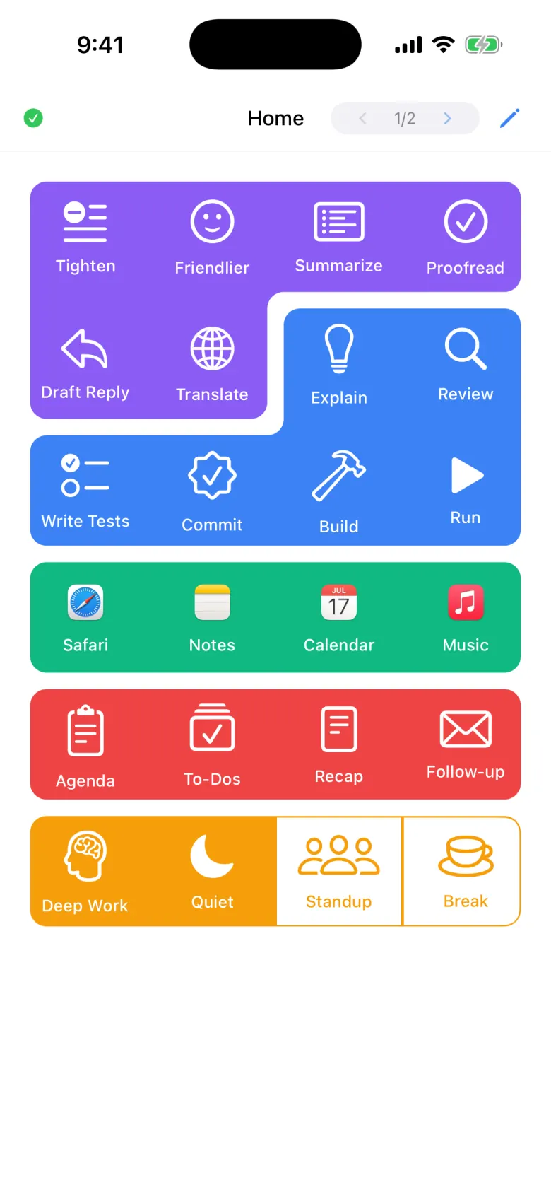 The Home page: Writing, Dev Tools, Launch, Meetings and Focus button groups in purple, blue, green, red and orange.