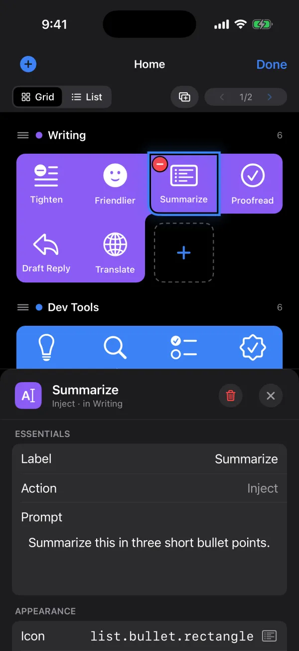 The docked inspector open on a Summarize button, showing its label, action, prompt and appearance settings
