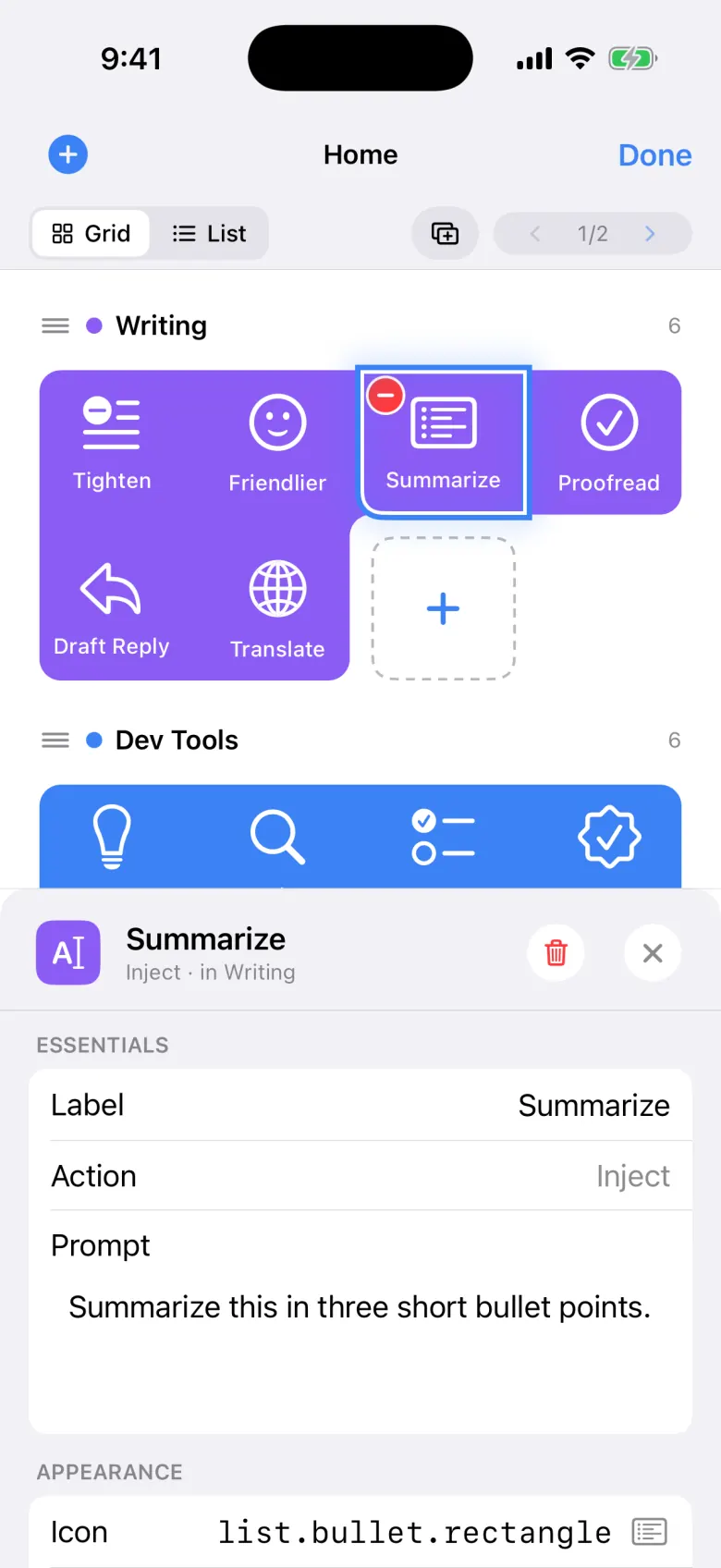 The Summarize button selected in edit mode, with the inspector showing its label and the prompt it types.
