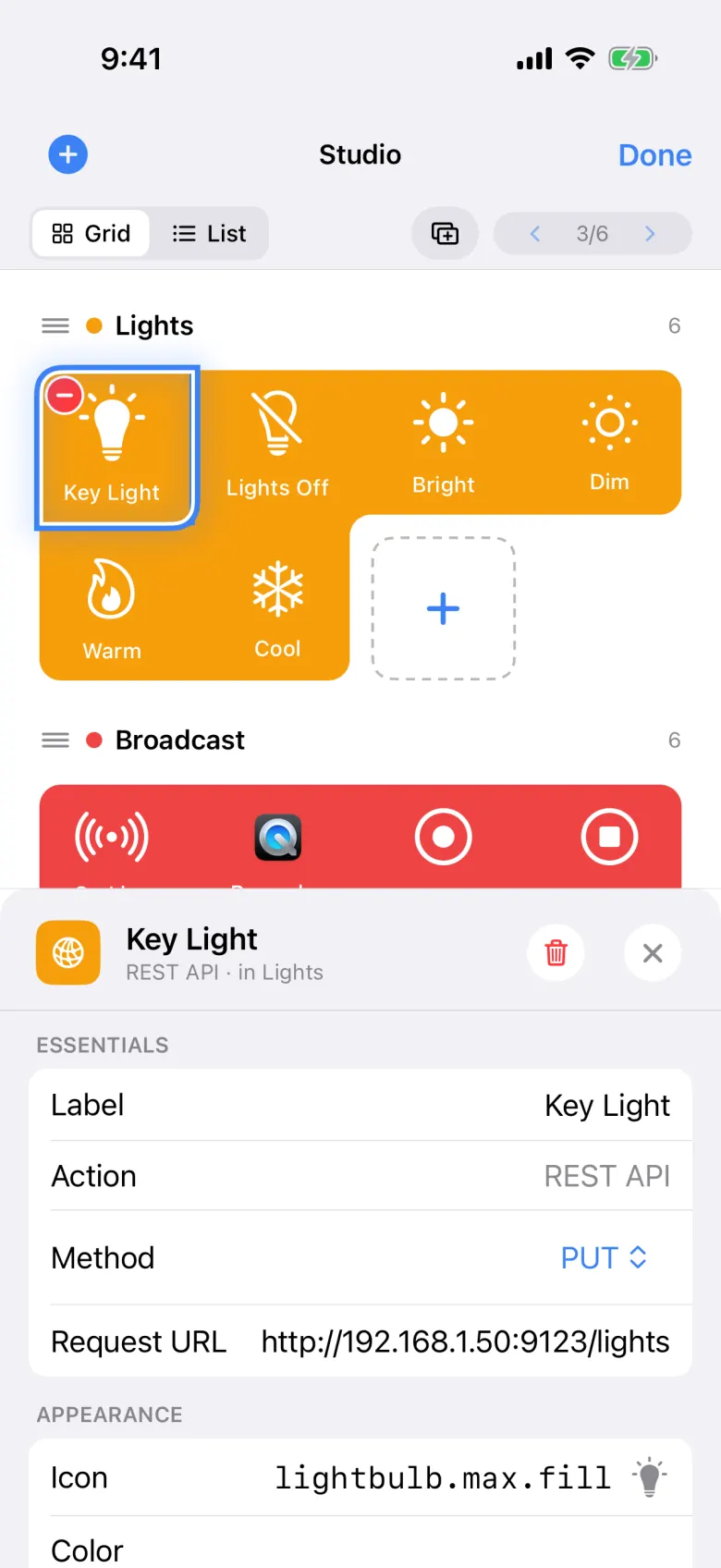 The Key Light button selected in edit mode, with the inspector showing a PUT request to a light on the local network and a lightbulb icon.