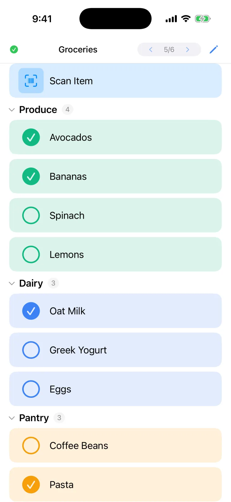 The Groceries list with a Scan Item row and checked items under Produce, Dairy and Pantry.
