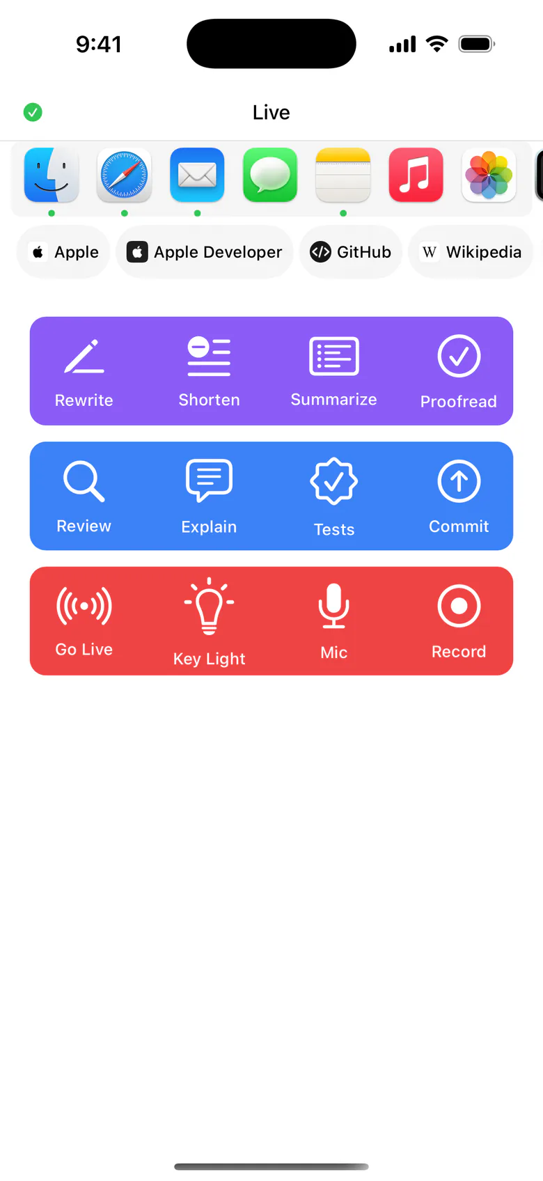 A page with the Dock row, showing Finder, Safari, Mail, Messages, Notes, Music and Photos, several with running dots, and the Tabs row, showing Apple, Apple Developer, GitHub and Wikipedia, above the buttons.