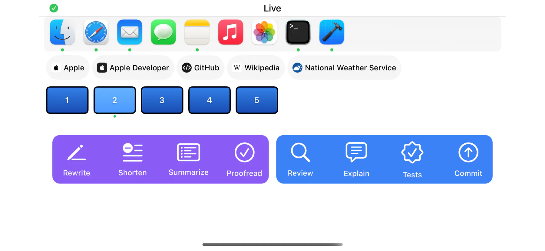 Live rows in landscape: the Dock with Finder, Safari, Mail, Messages, Notes, Music, Photos, Terminal and Xcode; tabs for Apple, Apple Developer, GitHub, Wikipedia and the National Weather Service; and desktops 1 to 5, above Writing and Code buttons.