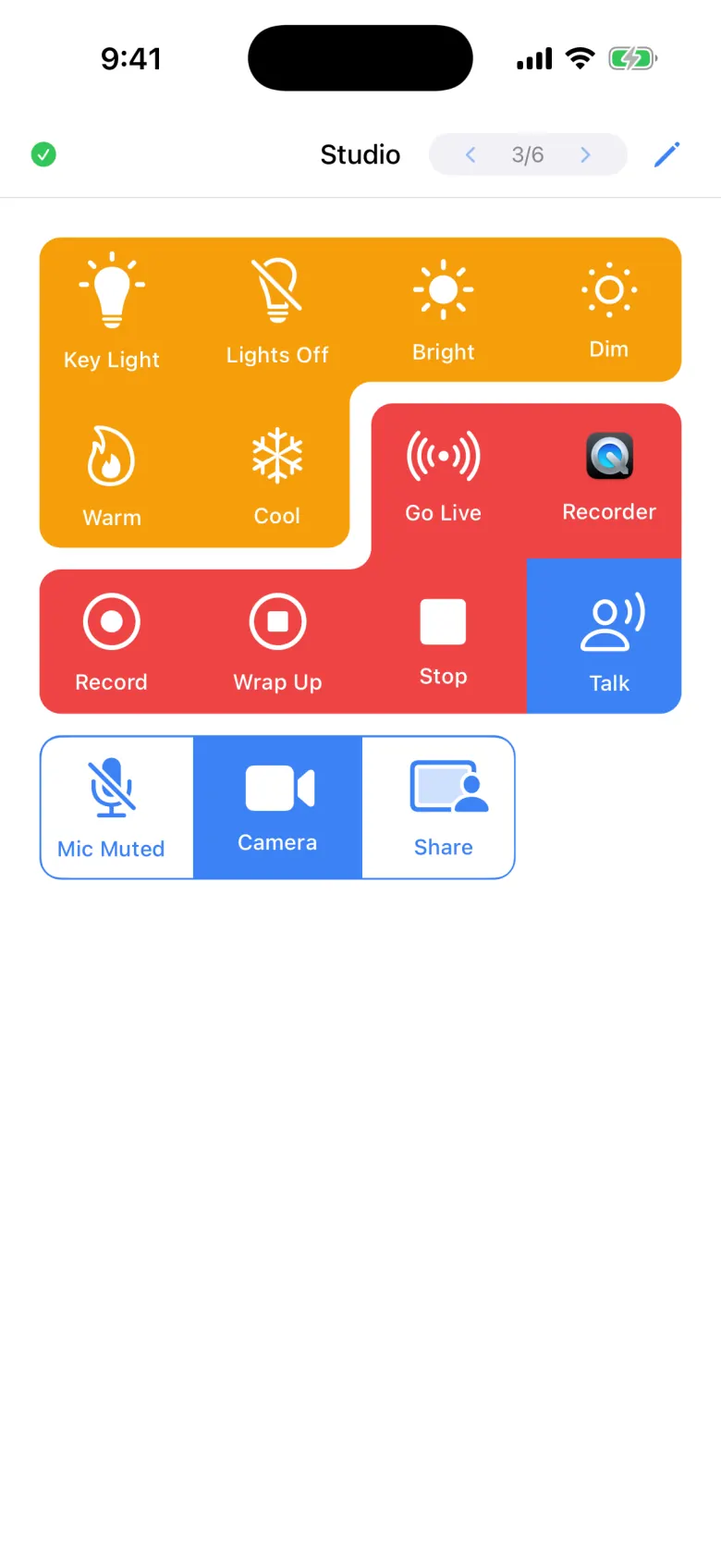 The Studio page: light buttons, a Broadcast group with Go Live, Recorder, Record, Wrap Up and Stop, a Talk scene button, and Mic, Camera and Share toggles.